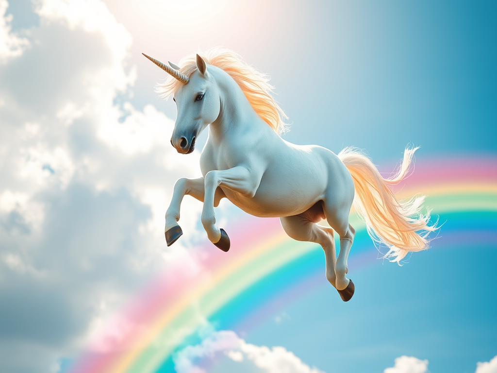 Unicorn jumping over a rainbow