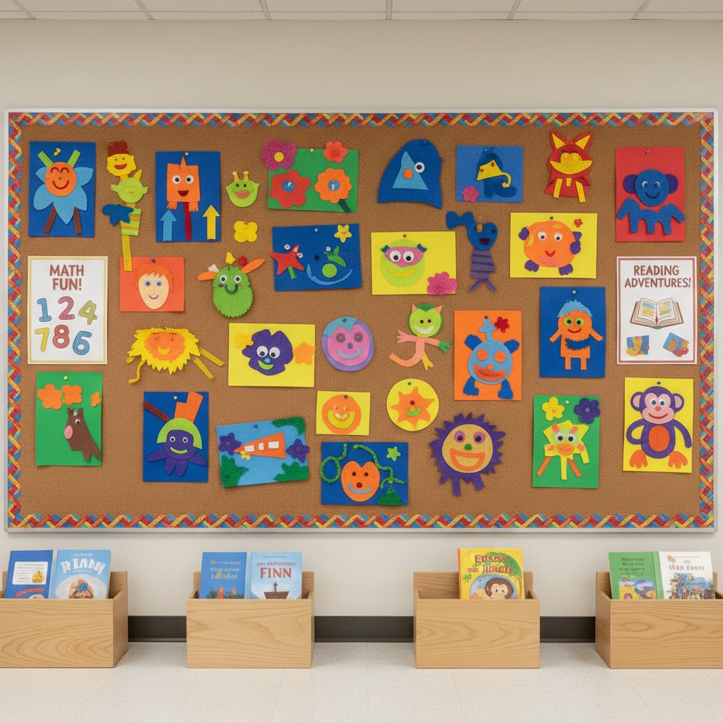 The image presents a bulletin board in a classroom setting, showcasing a collection of colorful artwork and educational ma...