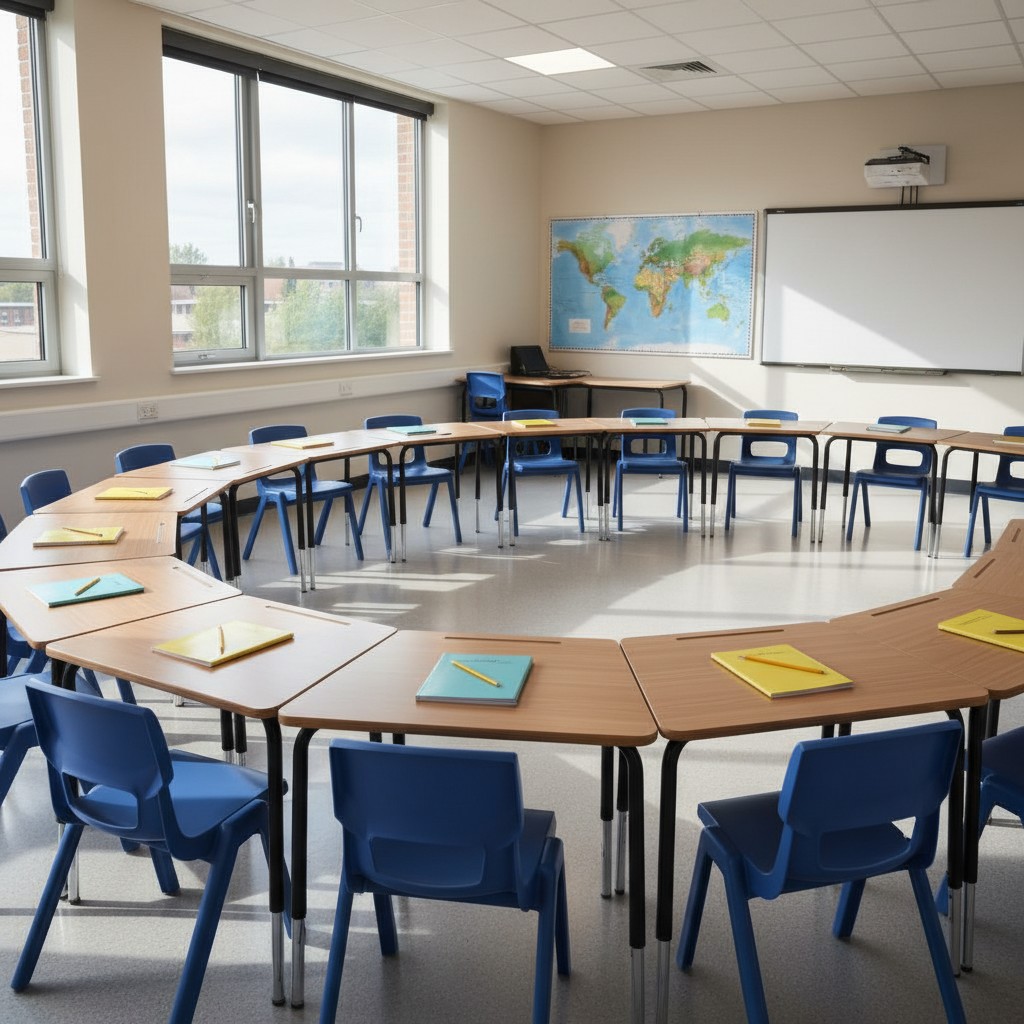 A classroom with a large hexagonal table surrounded by blue chairs, featuring light blue and yellow notebooks and pencils.