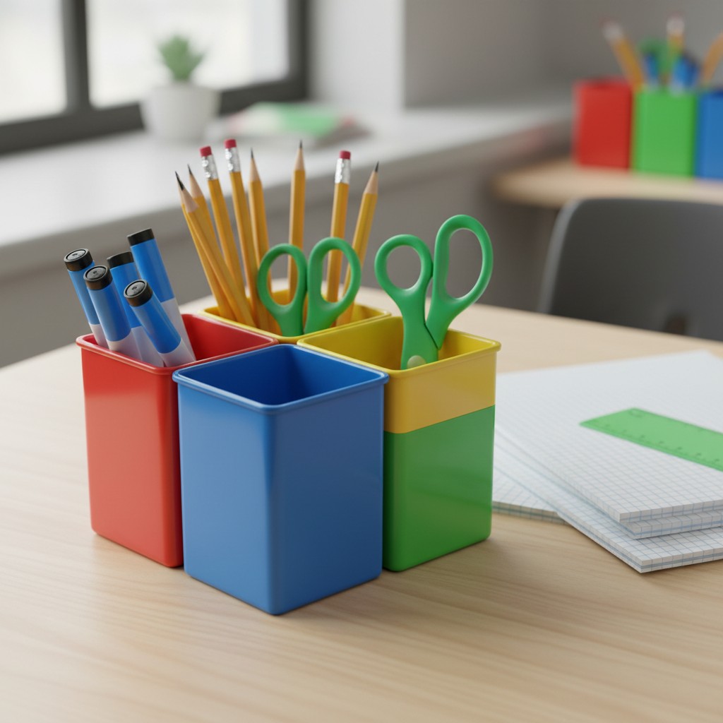 A collection of colorful desk organizers filled with pencils, markers, and scissors on a pale wooden table, situated next ...
